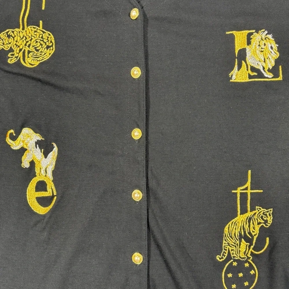 Vintage Black Cardigan silver Gold Embroidered zoo Animals gold‎ pearl buttons